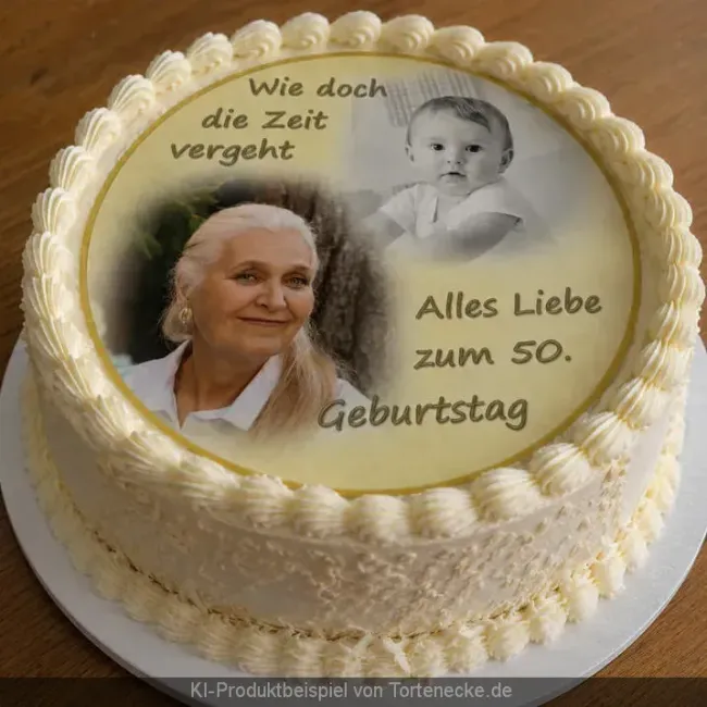 Runde Geburtstagstorte mit Vorher-Nachher-Tortenaufleger Damals und Heute zum 50. Geburtstag